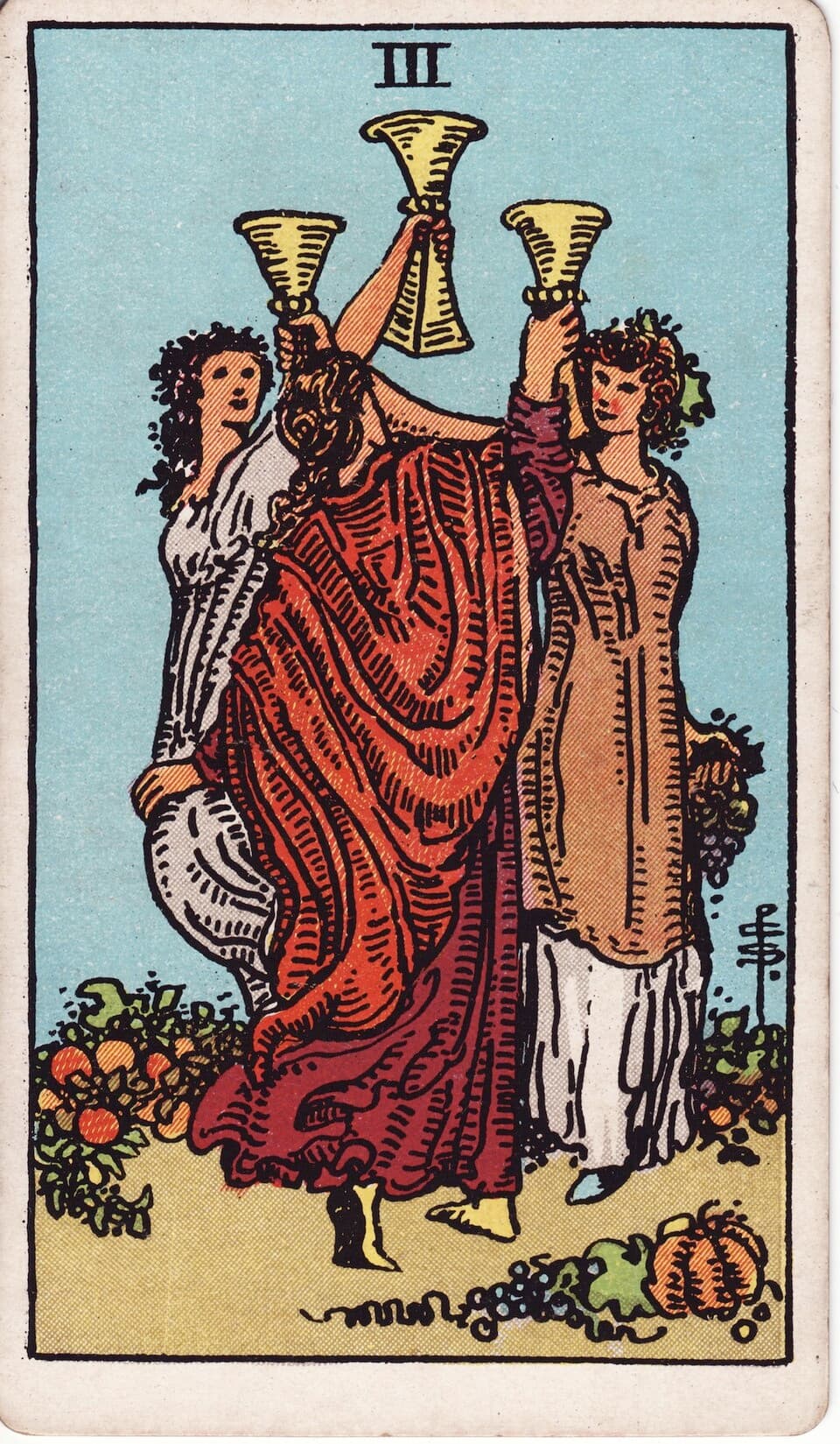 Тройка Кубков (Three of Cups) — карта Таро Райдера–Уэйта