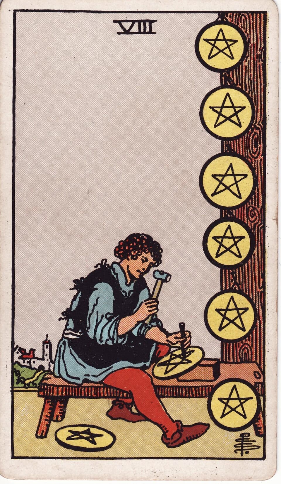 Восьмёрка Пентаклей (Eight of Pentacles) — карта Таро Райдера–Уэйта