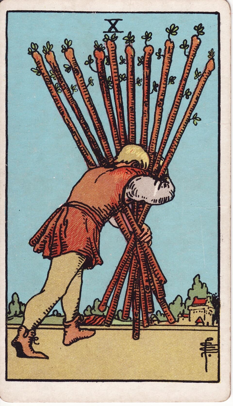 Десятка Жезлов (Ten of Wands) — карта Таро Райдера–Уэйта