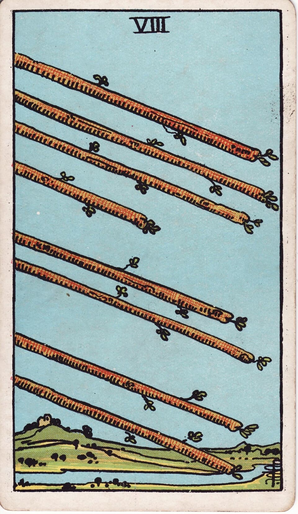 Восьмёрка Жезлов (Eight of Wands) — карта Таро Райдера–Уэйта